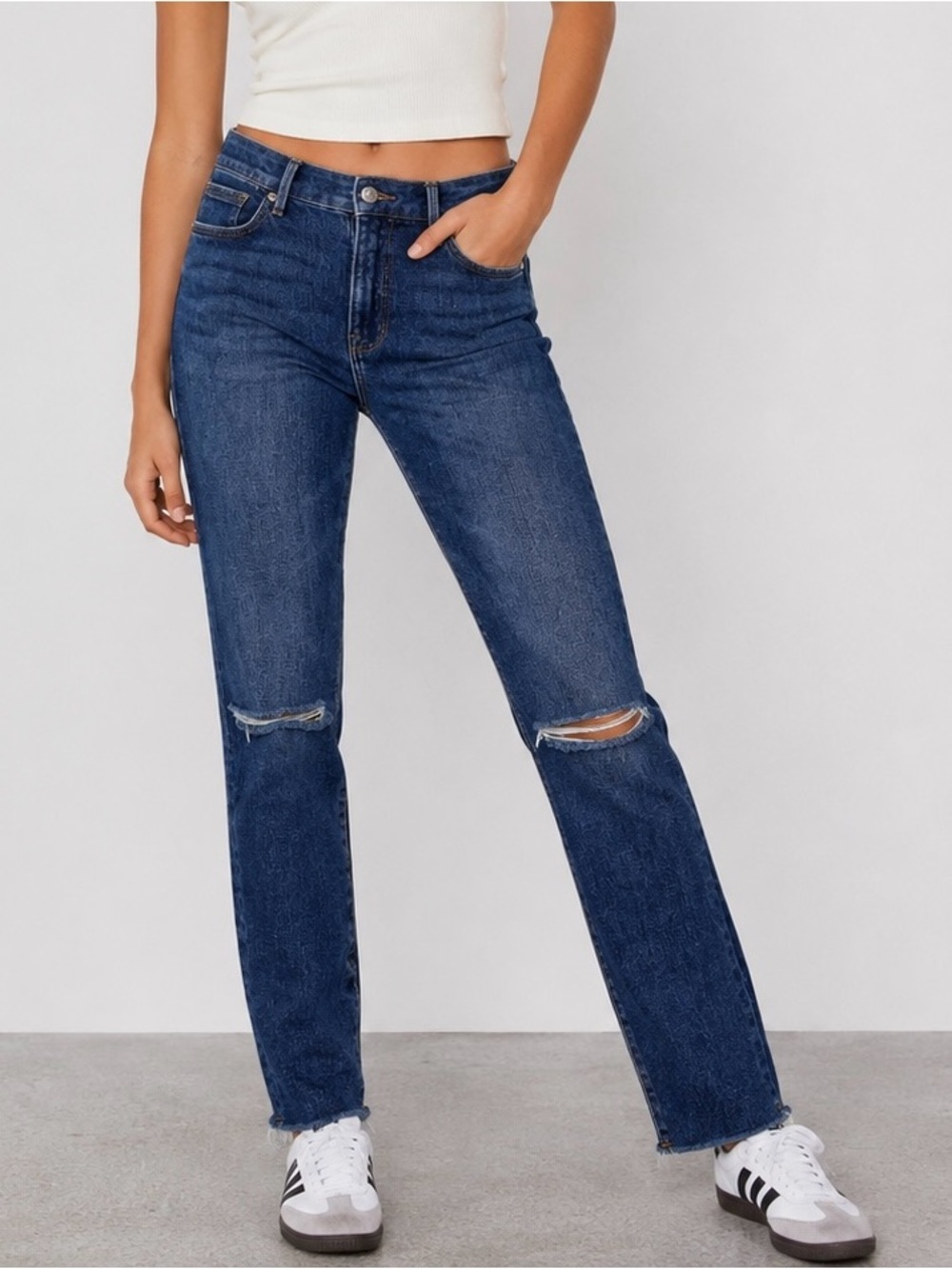 Good American Straight Leg Ripped Knee Jeans - Dark Blue
